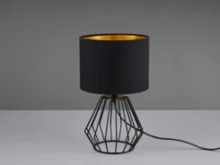 LED Tischleuchte mit Gitterkorpus und Stoffschirm in Schwarz/Gold, Höhe 34cm