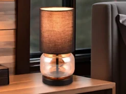 LED Tischleuchte mit Glasfuß Amber und Stoffschirm Schwarz, Höhe 28cm