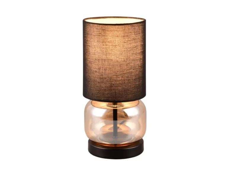 LED Tischleuchte mit Glasfuß Amber und Stoffschirm Schwarz, Höhe 28cm