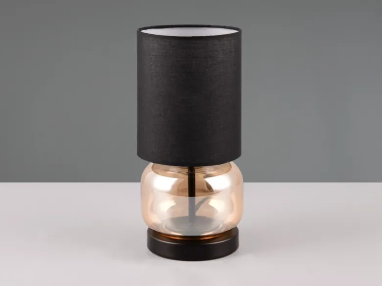 LED Tischleuchte mit Glasfuß Amber und Stoffschirm Schwarz, Höhe 28cm
