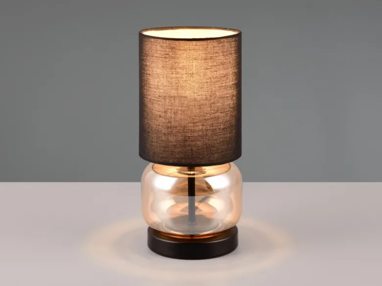 LED Tischleuchte mit Glasfuß Amber und Stoffschirm Schwarz, Höhe 28cm