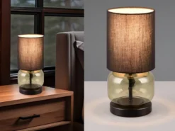 LED Tischleuchte mit Glasfuß Grün und Stoffschirm Schwarz, Höhe 28cm