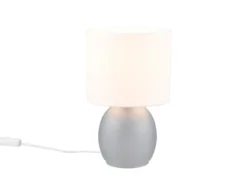 LED Tischleuchte mit Glasfuß Grau und Stoffschirm Weiß, Höhe 29cm