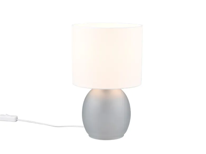 LED Tischleuchte mit Glasfuß Grau und Stoffschirm Weiß, Höhe 29cm
