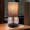 LED Tischleuchte mit Glasfuß Rauchglas und Stoffschirm Schwarz, Höhe 28cm