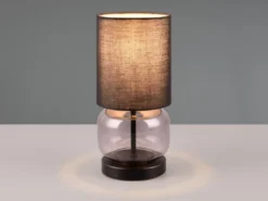 LED Tischleuchte mit Glasfuß Rauchglas und Stoffschirm Schwarz, Höhe 28cm