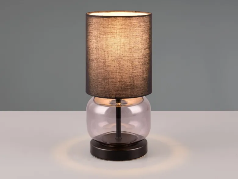 LED Tischleuchte mit Glasfuß Rauchglas und Stoffschirm Schwarz, Höhe 28cm