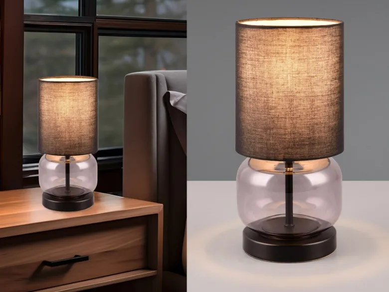 LED Tischleuchte mit Glasfuß Rauchglas und Stoffschirm Schwarz, Höhe 28cm