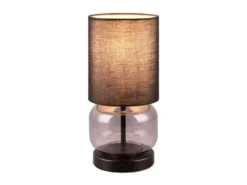 LED Tischleuchte mit Glasfuß Rauchglas und Stoffschirm Schwarz, Höhe 28cm