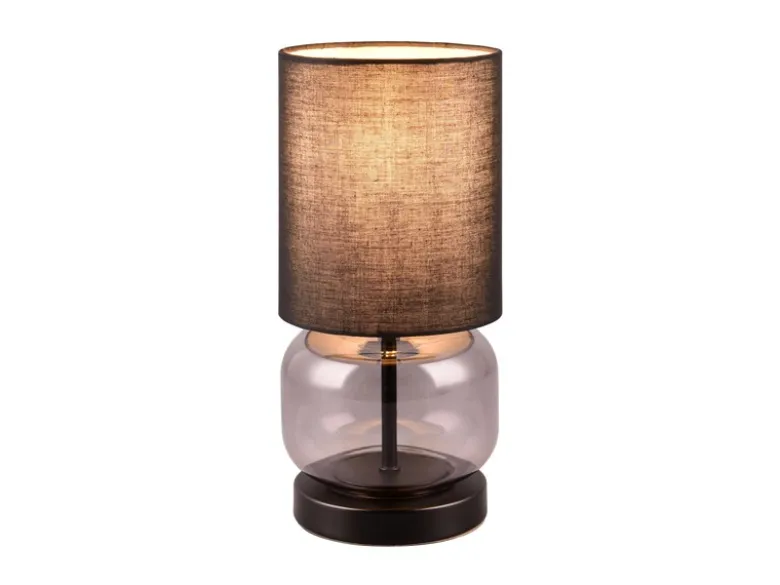 LED Tischleuchte mit Glasfuß Rauchglas und Stoffschirm Schwarz, Höhe 28cm