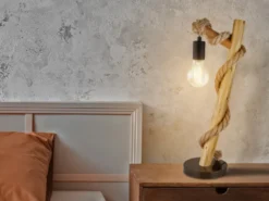LED Tischleuchte mit Hanfseil und Holzstab, Höhe 53,5cm