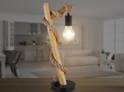 LED Tischleuchte mit Hanfseil und Holzstab, Höhe 53,5cm