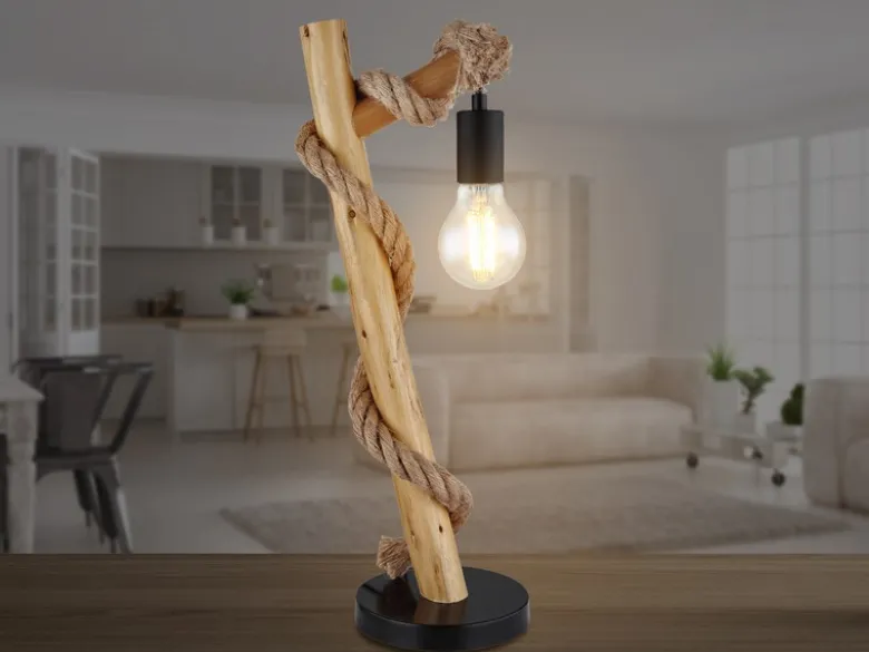 LED Tischleuchte mit Hanfseil und Holzstab, Höhe 53,5cm