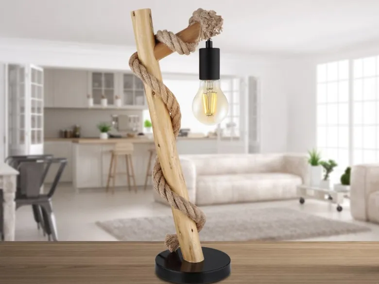 LED Tischleuchte mit Hanfseil und Holzstab, Höhe 53,5cm