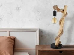 LED Tischleuchte mit Hanfseil und Holzstab, Höhe 53,5cm