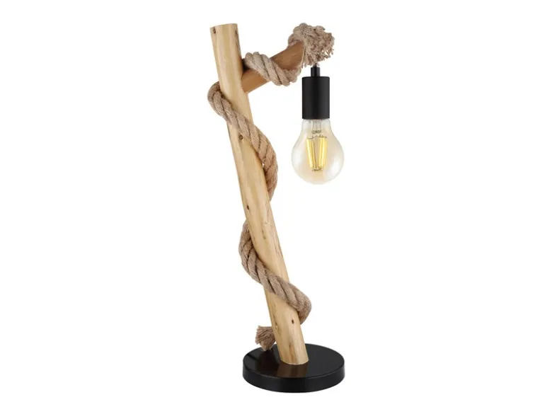 LED Tischleuchte mit Hanfseil und Holzstab, Höhe 53,5cm