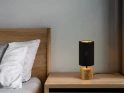 LED Tischleuchte mit Holzfuß & Stoffschirm Schwarz Gold, Höhe 30cm