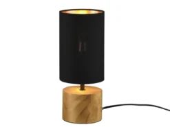 LED Tischleuchte mit Holzfuß & Stoffschirm Schwarz Gold, Höhe 30cm