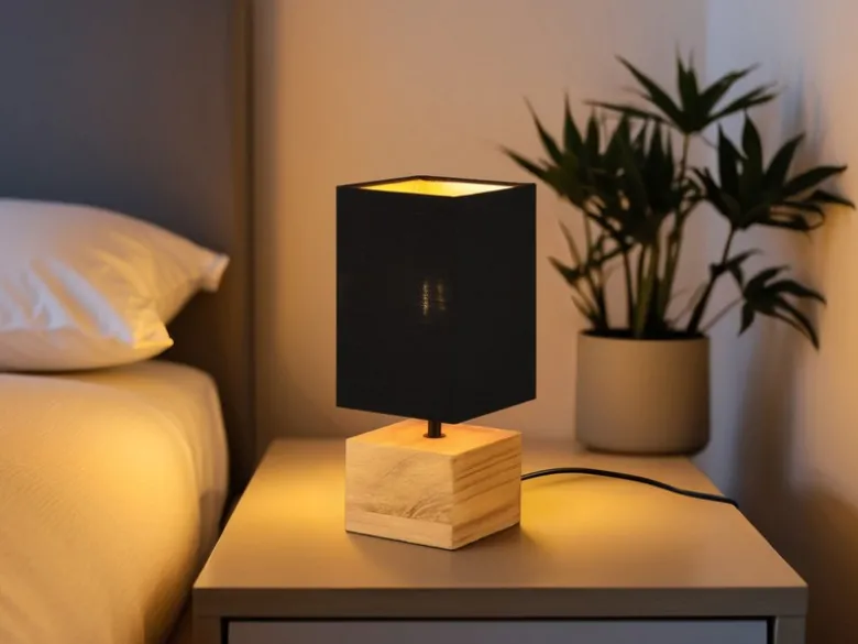 LED Tischleuchte mit Holzfuß Stoffschirm Schwarz / Gold, Höhe 30cm