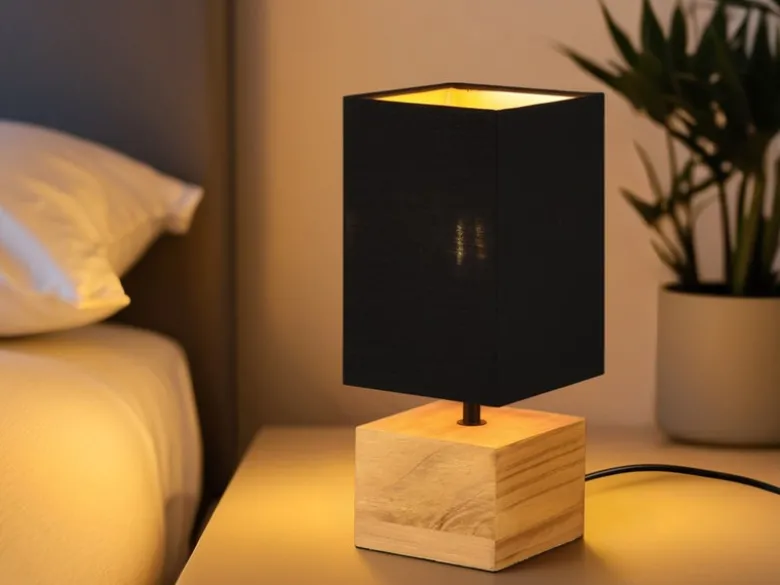 LED Tischleuchte mit Holzfuß Stoffschirm Schwarz / Gold, Höhe 30cm