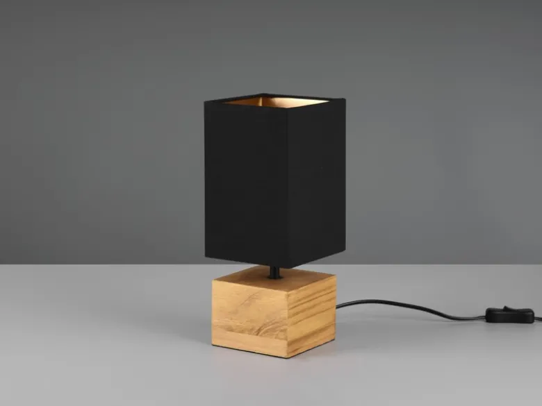 LED Tischleuchte mit Holzfuß Stoffschirm Schwarz / Gold, Höhe 30cm
