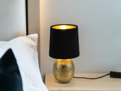 LED Tischleuchte mit Keramikfuß & Samtschirm Schwarz - Gold, Höhe 26cm