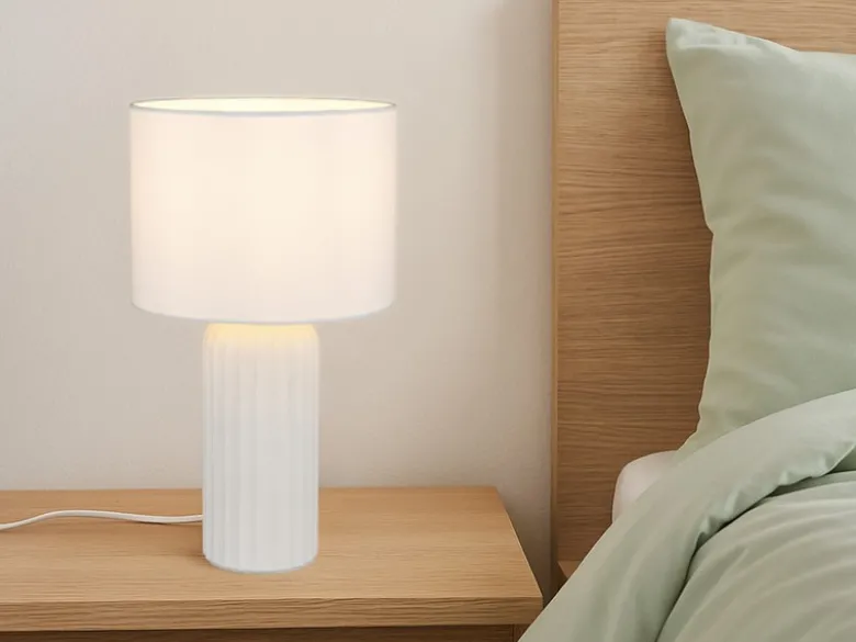 LED Tischleuchte mit Keramikfuß & Stoffschirm Weiß, Höhe 36cm