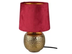 LED Tischleuchte mit Keramikfuß & Samtschirm Rot - Gold, Höhe 26cm