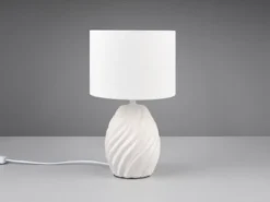 LED Tischleuchte mit Keramikfuß und Stoffschirm in Weiß, Höhe 31cm