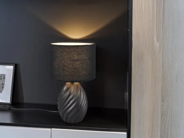 LED Tischleuchte mit Keramikfuß und Stoffschirm in Schwarz, Höhe 31cm