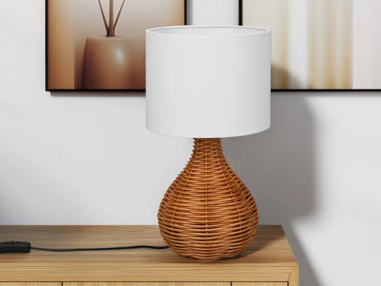 LED Tischleuchte mit Rattangeflecht und Stoffschirm Weiß, Höhe 40cm