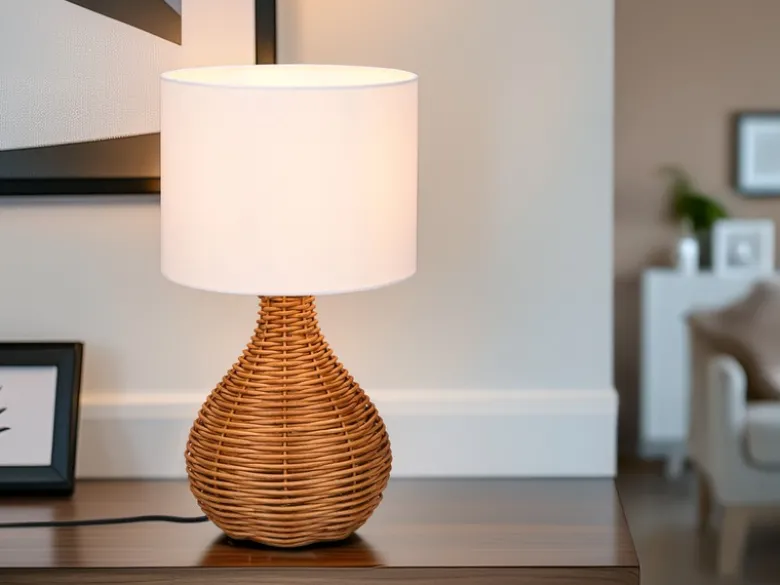 LED Tischleuchte mit Rattangeflecht und Stoffschirm Weiß, Höhe 40cm