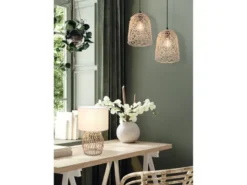 LED Tischleuchte mit Rattan Geflecht & Stoff Lampenschirm Weiß, Höhe 38cm