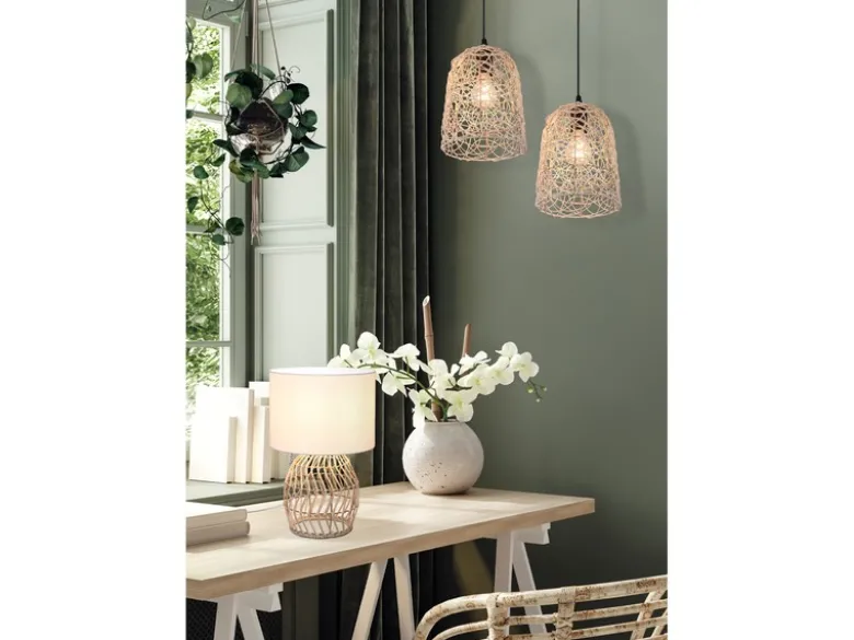 LED Tischleuchte mit Rattan Geflecht & Stoff Lampenschirm Weiß, Höhe 38cm