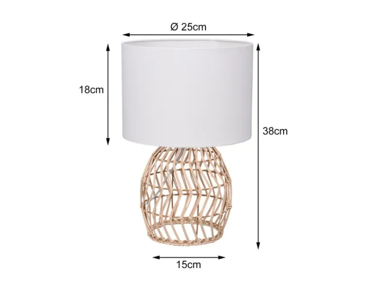 LED Tischleuchte mit Rattan Geflecht & Stoff Lampenschirm Weiß, Höhe 38cm