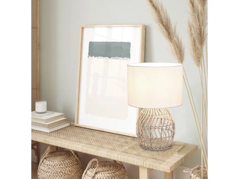 LED Tischleuchte mit Rattan Geflecht & Stoff Lampenschirm Weiß, Höhe 38cm
