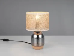 LED Tischleuchte mit Rattanschirm, Kork und Glasfuß, Höhe 32cm