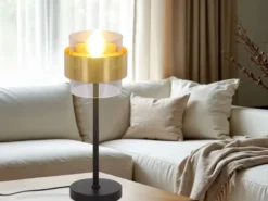 LED Tischleuchte mit Rauchglas Lampenschirm, Messingring, Höhe 47cm