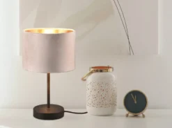 LED Tischleuchte mit Samt Lampenschirm Beige Gold, Höhe 33cm
