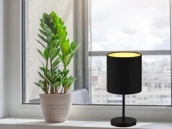 LED Tischleuchte mit Stoffschirm in Schwarz innen Gold, Höhe 28cm