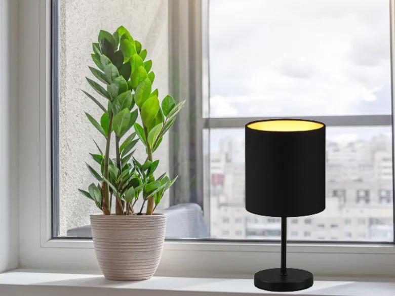 LED Tischleuchte mit Stoffschirm in Schwarz innen Gold, Höhe 28cm