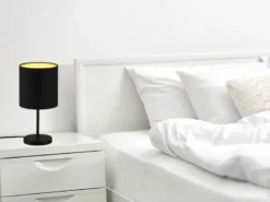 LED Tischleuchte mit Stoffschirm in Schwarz innen Gold, Höhe 28cm
