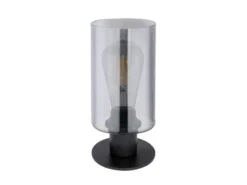 LED Tischleuchte Rauchglas Zylinder Lampenschirm, Metall Schwarz, Höhe 21,5cm