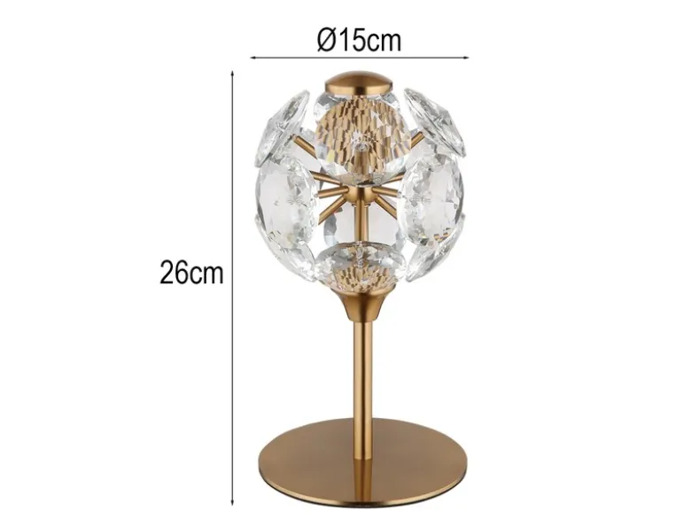 LED Tischleuchte VIRINA Gold mit Kugel Lampenschirm aus K9 Kristallen, Höhe 26cm