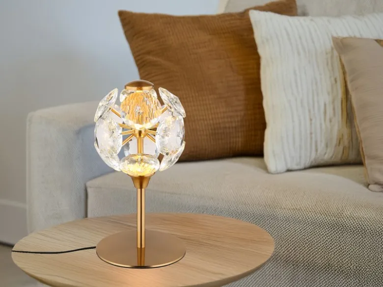 LED Tischleuchte VIRINA Gold mit Kugel Lampenschirm aus K9 Kristallen, Höhe 26cm
