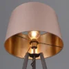 LED Tripod Stehleuchte mit Stoffschirm Taupe/Gold & Ablagetisch, Höhe 152cm