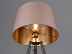 LED Tripod Stehleuchte mit Stoffschirm Taupe/Gold & Ablagetisch, Höhe 152cm