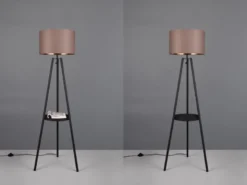 LED Tripod Stehleuchte mit Stoffschirm Taupe/Gold & Ablagetisch, Höhe 152cm