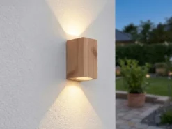 LED Up and Down Außenwandleuchte aus Aluminium in Holzoptik, Höhe 15cm