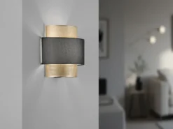 LED Wandlampe Metall Gold mit Stoffblende Schwarz, Breite 25cm